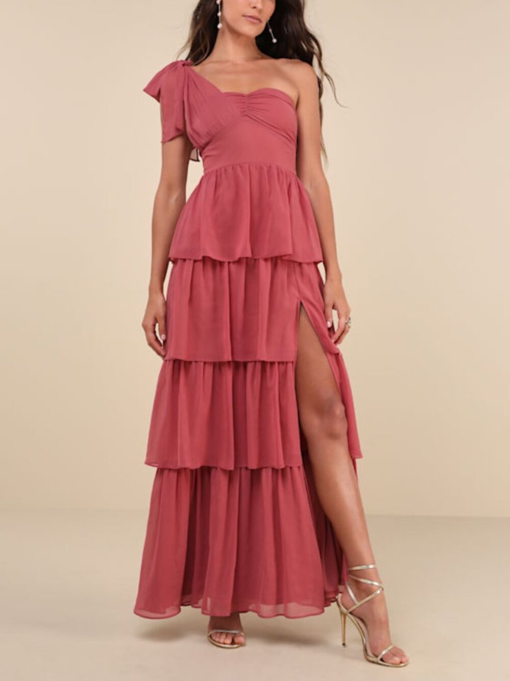 Lulus Elevated Vision Rusty Rose One-shoulder Tiered Maxi Dress Pink - Size M